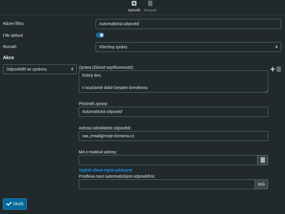 Příklad nastavení automatické odpovědi