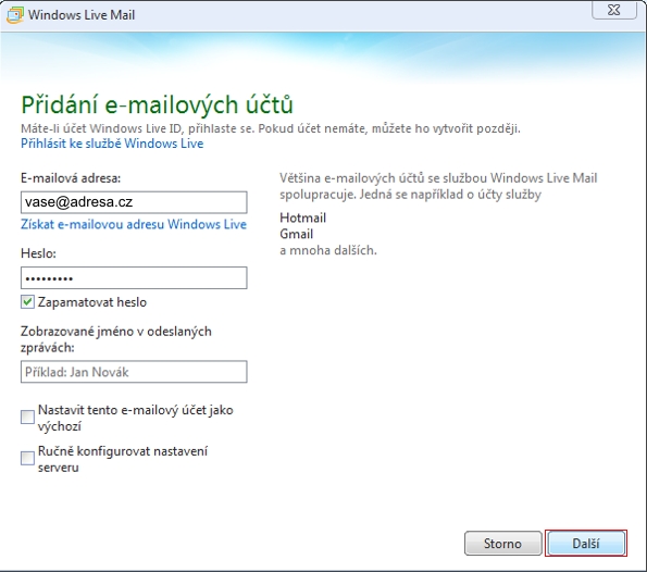 Windows Live Mail - přístupové údaje