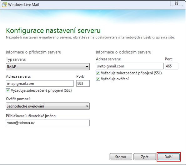 Windows Live Mail - nastavení IMAP