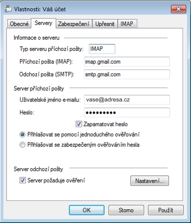 Windows Live Mail - vlastnosti - Servery (IMAP)