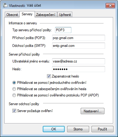 Windows Live Mail - vlastnosti - Servery