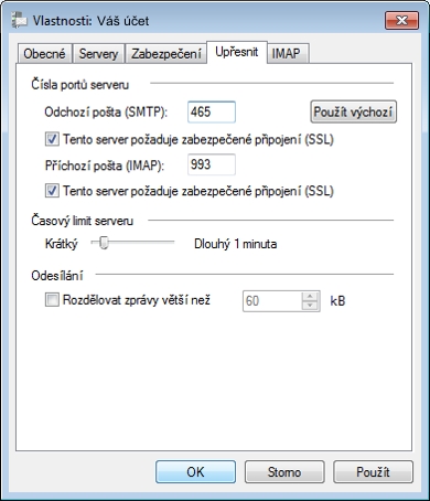 Windows Live Mail - vlastnosti - Upřesnit (IMAP)